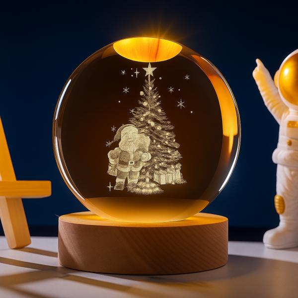 Фото  Ночник 3D шар хрустальный Рождество RGB на деревянной подставке USB