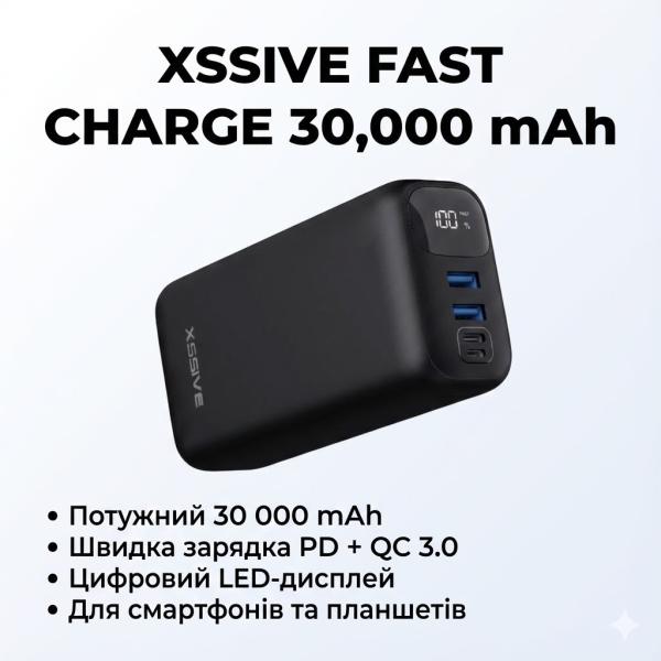 Фото PowerBank, внешние аккумуляторы Повербанк XSSIVE 30000 mAh Fast Charge QC/PD с LED дисплеем XSS-PB23 Черный