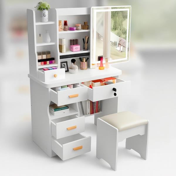 Фото Красота и здоровье Туалетный столик STL-MD 87 с LED прямоугольное зеркало и пуфиком 128х80х35 см Белый
