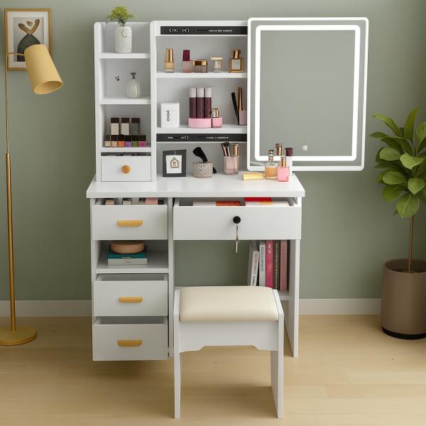 Фото Красота и здоровье Туалетный столик STL-MD 87 с LED прямоугольное зеркало и пуфиком 128х80х35 см Белый