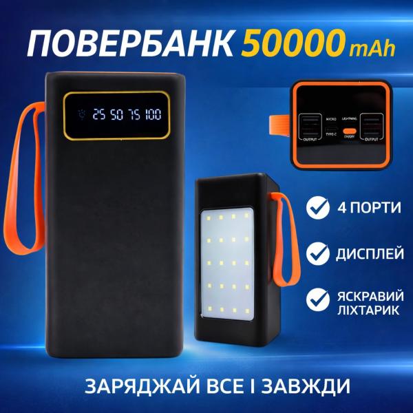 Фото PowerBank, внешние аккумуляторы Повербанк JS-658 50000 mAh, 4×USB, Type-C + microUSB, внешний аккумулятор с дисплеем и фонариком, черный