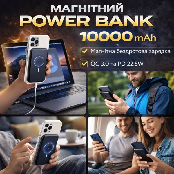 Фото PowerBank, внешние аккумуляторы Power Bank King Power WPG-104 Magnetic 10000 mAh с беспроводной зарядкой MagSafe и быстрой зарядкой QC 3.0 / PD 22.5W