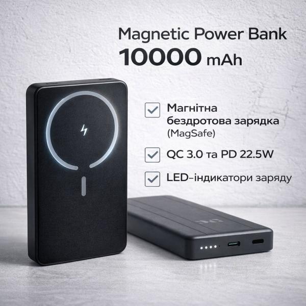Фото PowerBank, внешние аккумуляторы Power Bank King Power WPG-104 Magnetic 10000 mAh с беспроводной зарядкой MagSafe и быстрой зарядкой QC 3.0 / PD 22.5W