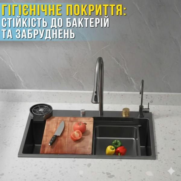 Фото Все для кухни Кухонная мойка из нержавеющей стали 75×46 см с выдвижным смесителем и 3 режимами подачи воды “Водопад” RK