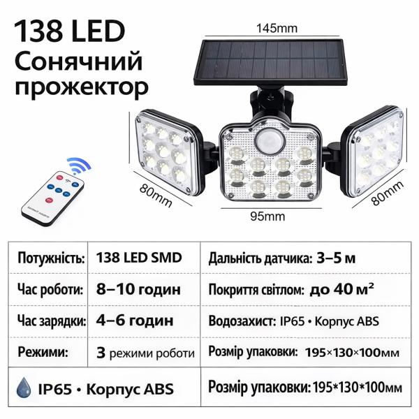 Фото Фонари, прожекторы, светильники Солнечный уличный LED светильник Solar Lights Outdoor 122–138 LED с датчиком движения и защитой IP65