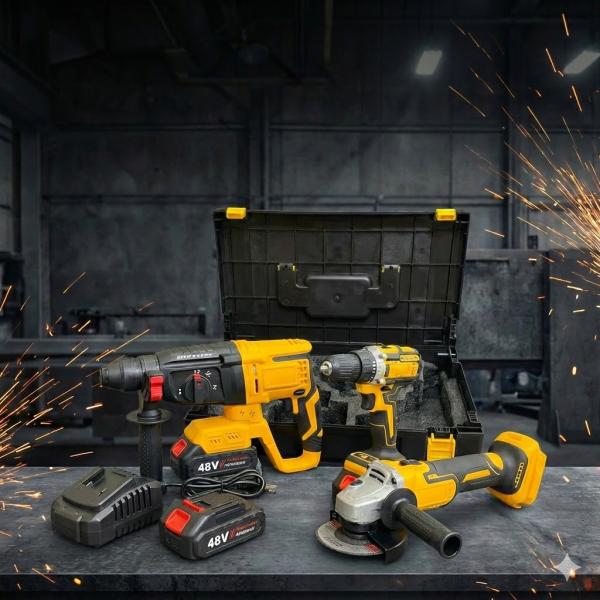Фото Автотовары, электроинструмент, ручной инструмент Профессиональный аккумуляторный набор электроинструмента 3 в 1 48V: Перфоратор, Шуруповерт, Болгарка (УШМ)