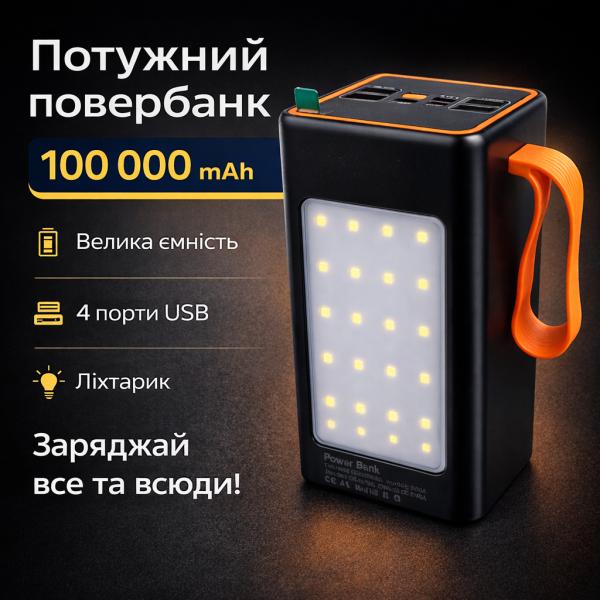 Фото PowerBank, внешние аккумуляторы Повербанк MAXI 100,000 mAh с дисплеем, 4×USB, Type-C, MicroUSB + фонарик