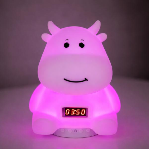 Фото Детский мир, детские товары Детский аккумуляторный ночник “Коровка” с мягким LED-светом, RGB-подсветкой, встроенной Bluetooth-колонкой и электронными часами