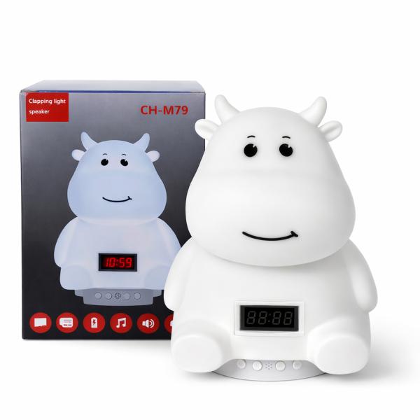 Фото Детский мир, детские товары Детский аккумуляторный ночник “Коровка” с мягким LED-светом, RGB-подсветкой, встроенной Bluetooth-колонкой и электронными часами