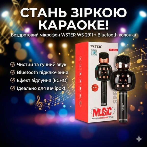 Фото Электроника Беспроводной караоке микрофон WSTER WS-2911 Оригинал 3в1 с функцией подавления вокала, Bluetooth колонкой и Magic Voice