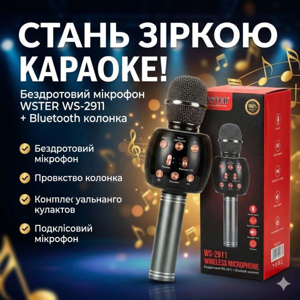 Фото Электроника Беспроводной караоке микрофон WSTER WS-2911 Оригинал 3в1 с функцией подавления вокала, Bluetooth колонкой и Magic Voice
