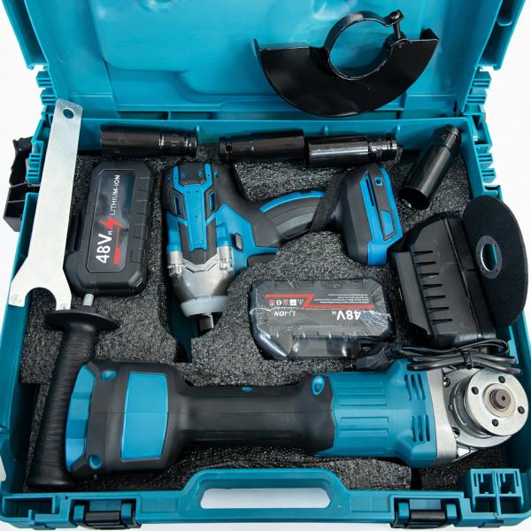 Фото Автотовары, электроинструмент, ручной инструмент Набор 2 в 1 аккумуляторный гайковерт + угловая шлифмашина Jitrex X331, 48V, Li-Ion, 2 аккумулятора, кейс, синий