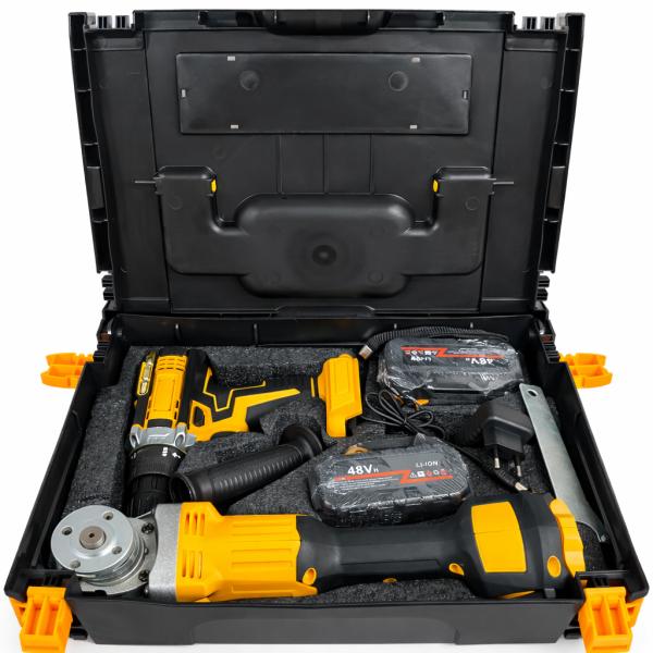 Фото Автотовары, электроинструмент, ручной инструмент Набор аккумуляторного инструмента 2в1 48V Х332 шуруповерт + угловая шлифмашина (болгарка) Jitpex, в кейсе, желтый