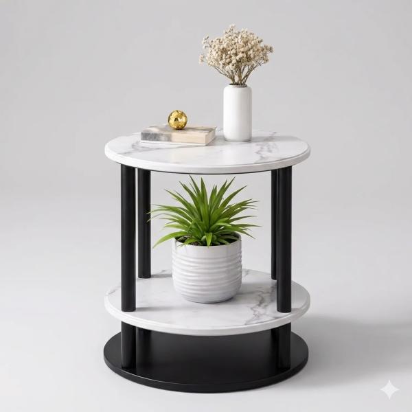 Фото Товары для дома и сада Столик интерьерный журнальный круглый ND-1934 | Прикроватный столик Лофт (Белый мрамор / Черный)