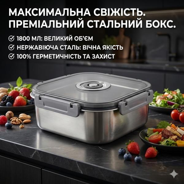 Фото Все для кухни Контейнер пищевой из нержавеющей стали с герметичной крышкой 1800 мл 20687-14, серый, квадратный