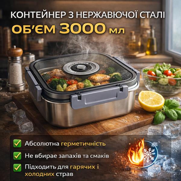 Фото Все для кухни Контейнер пищевой из нержавеющей стали с герметичной крышкой 3000 мл 20687-15 A, серый