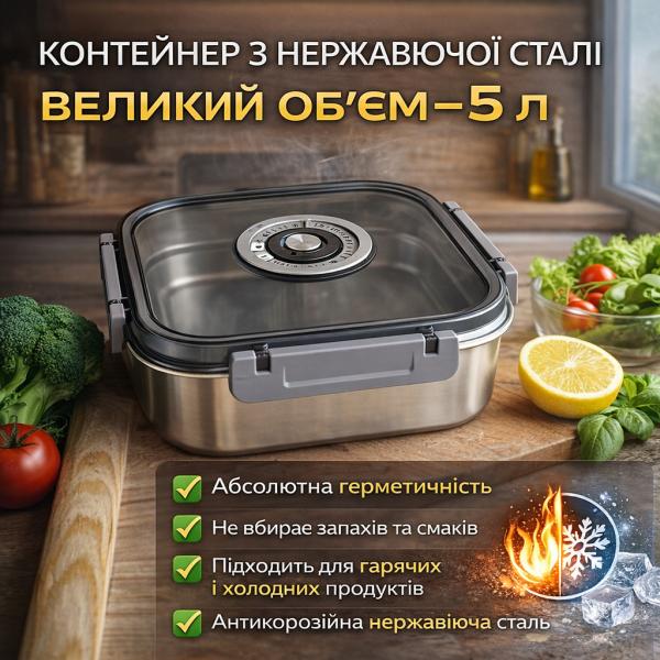 Фото Все для кухни Контейнер для хранения еды 5000мл 20687-16 с крышкой / Пищевой контейнер из нержавеющей стали / Контейнер для продуктов