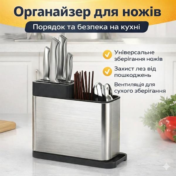 Фото Все для кухни Подставка-органайзер для ножей, серая, настольная, с вентиляцией и съемным дном