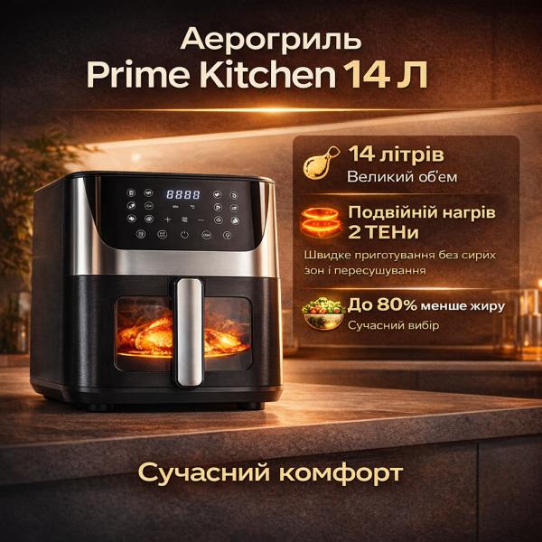 Фото Все для кухни Аэрогриль Prime Kitchen AF1012DT, 14 л, с двойными нагревательными элементами (2 ТЭНы), сенсорное управление, окно обзора, 80–200