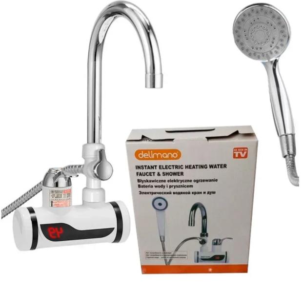 Фото Товары для дома и сада Проточный водонагреватель Delimano с LCD и душем с боковым подкллючением, 3кВт / Кран водонагреватель