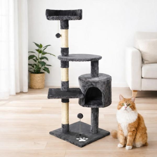 Фото Товары для животных Игровой комплекс для кошек с домиком, 116х40х40 см / Когтеточка / Кошачий игровой центр / Комплекс-дряпалка