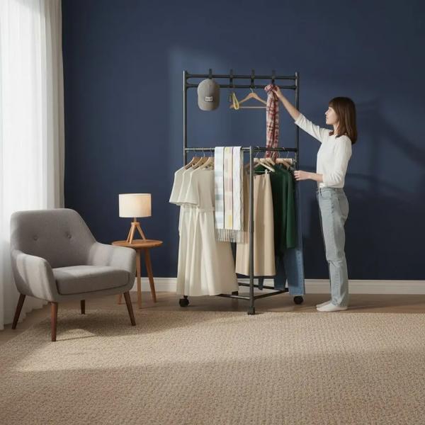 Фото Товары для дома и сада Напольная вешалка для одежды YSM3601-A на колесах, металлическая, черная