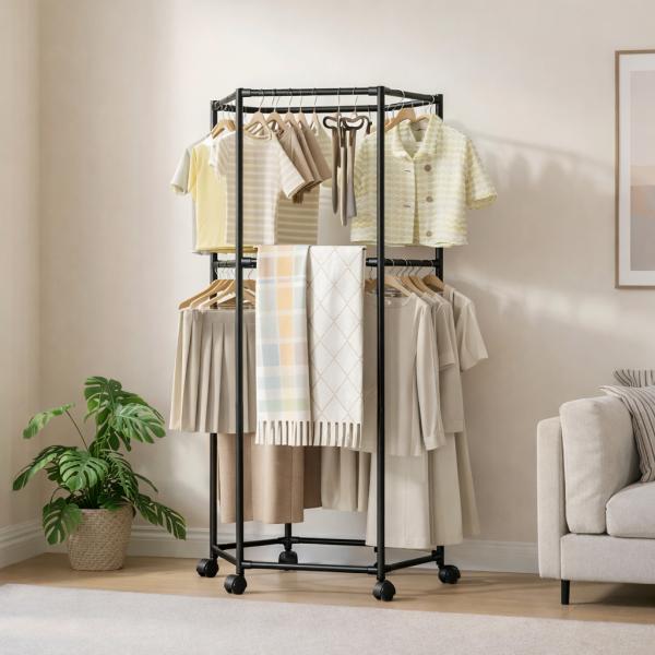 Фото Товары для дома и сада Напольная шестиугольная вешалка для одежды двухуровневая с поворотом на 360°, 175х70 см, Черный  YSM3601-2