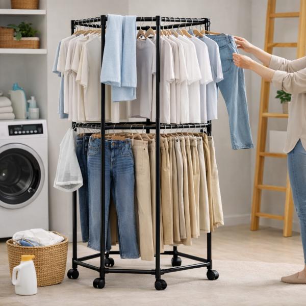 Фото Товары для дома и сада Напольная шестиугольная вешалка для одежды двухуровневая с поворотом на 360°, 175х70 см, Черный  YSM3601-2