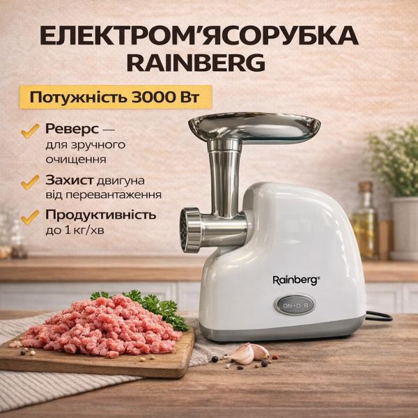 Фото Все для кухни Домашняя электрическая мясорубка Rainberg RB-2319 3000 Вт с реверсом белая