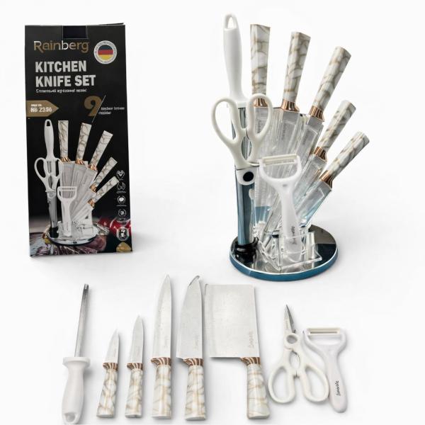 Фото Все для кухни Набор кухонных ножей Rainberg RB-2323 Белый из нержавеющей стали с подставкой, 9 предметов