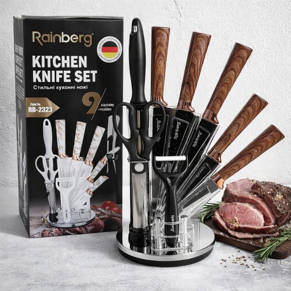 Фото Все для кухни Комплект кухонных ножей Rainberg RB-2323 коричневый с аксессуарами и подставкой, нержавеющая сталь, 9 предметов