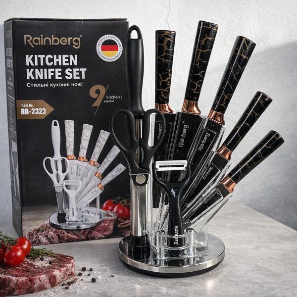 Фото Все для кухни Кухонный набор ножей Rainberg RB-2323 чёрный с подставкой, нержавеющая сталь, 9 предметов,