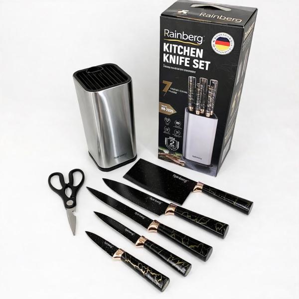 Фото Все для кухни Набор кухонных ножей Rainberg RB-2325 Черный из нержавеющей стали с металлической подставкой и ножницами