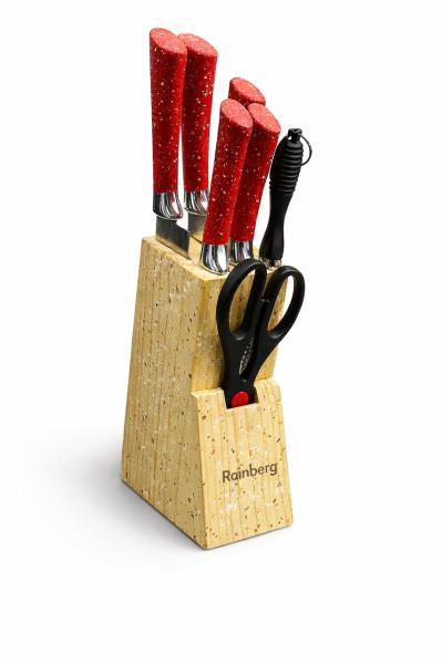 Фото Все для кухни Набор кухонных ножей Rainberg RB-2328 Красный с деревянной подставкой, мусатом и ножницами, 5 ножей, нержавеющая сталь