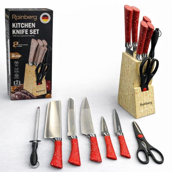 Фото Все для кухни Набор кухонных ножей Rainberg RB-2328 Красный с деревянной подставкой, мусатом и ножницами, 5 ножей, нержавеющая сталь