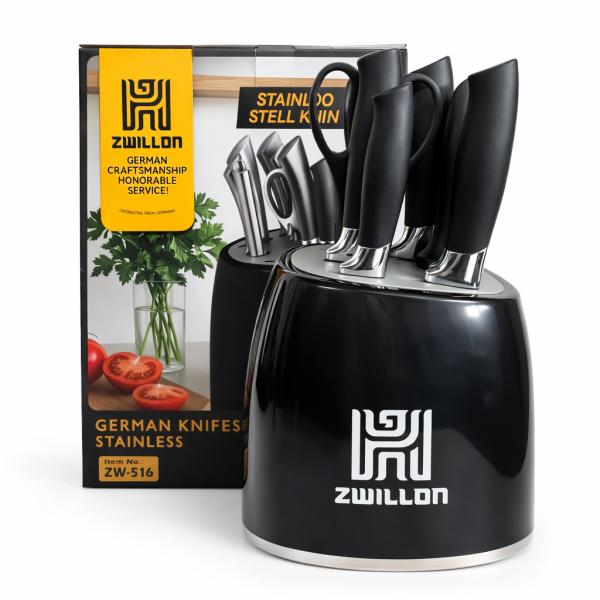 Фото Все для кухни Кухонный набор ножей ZWILLON ZW-546 из нержавеющей стали, 8 предметов, с подставкой, эргономичные ручки, черный