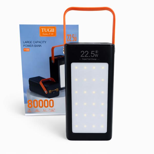 Фото PowerBank, внешние аккумуляторы Портативный повербанк Tugii Y108 80000 мА·ч с LED-фонарем и дисплеем, быстрая зарядка до 22,5 Вт, 7 выходных портов, черный корпус