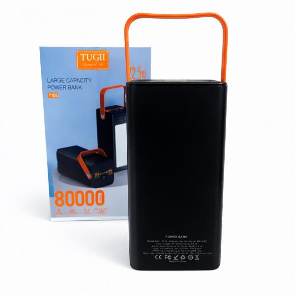 Фото PowerBank, внешние аккумуляторы Портативный повербанк Tugii Y108 80000 мА·ч с LED-фонарем и дисплеем, быстрая зарядка до 22,5 Вт, 7 выходных портов, черный корпус