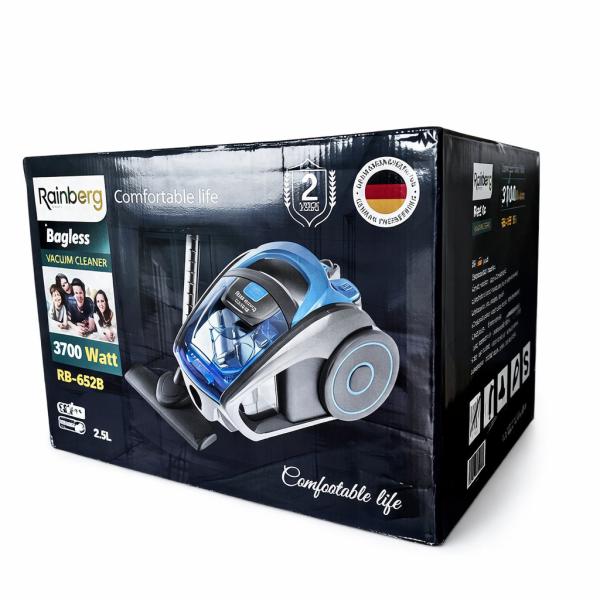 Фото Товары для дома и сада Пылесос циклонный контейнерный Rainberg RB-652B 3700 Вт, колба 2,5 л, HEPA-фильтр, регулировка мощности, синий