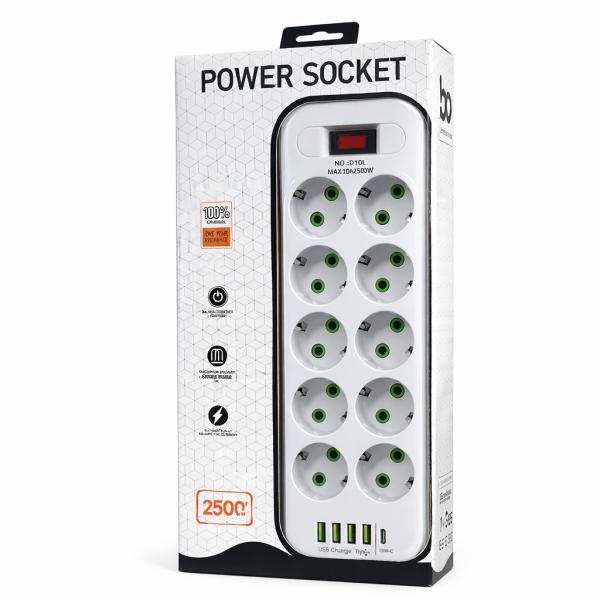 Фото Электроника Сетевой удлинитель Power Socket D10 на 10 розеток с выключателем, 4 USB и Type-C (PD), кабель 5 м, 2500 Вт, LED-индикатор