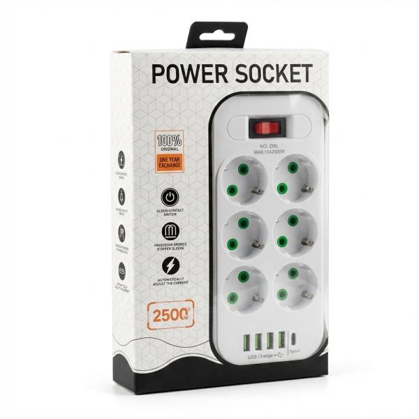 Фото Электроника Сетевой удлинитель Power Socket D6 на 6 розеток с выключателем и LED-индикатором, 4 USB и Type-C (PD), кабель 3 м, 2500 Вт