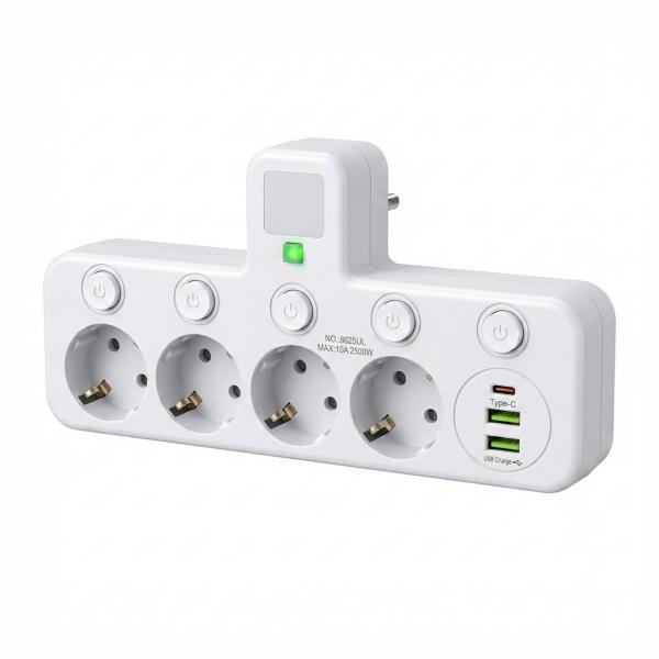 Фото Электроника Сетевой разветвитель-адаптер 7-в-1 в розетку 8625UL (2500 Вт): 4 розетки с индивидуальными выключателями, 2 USB и 1 Type-C PD