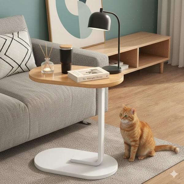 Фото Товары для дома и сада Журнальный приставной стол металлический в стиле лофт 60 см, белый каркас, столешница светлое дерево, компактный столик к дивану