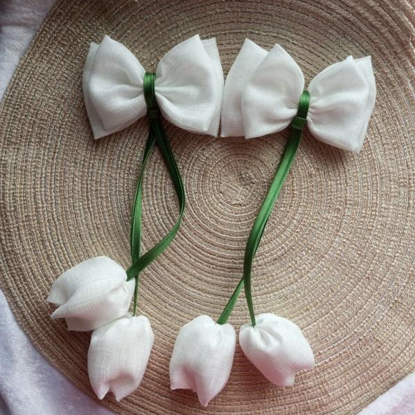 Фото В'язаний, тканинний декор. помпони Тюльпани на підвісці  текстильнікремові та рожеві для декору та прикрас