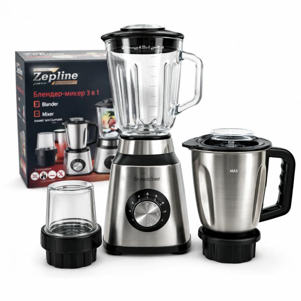 Фото  УЦЕНКА! Блендер с кофемолкой и мясорубкой со стеклянной чашей 3в1 Zepline ZP-081 (Плохая упаковка 3398)