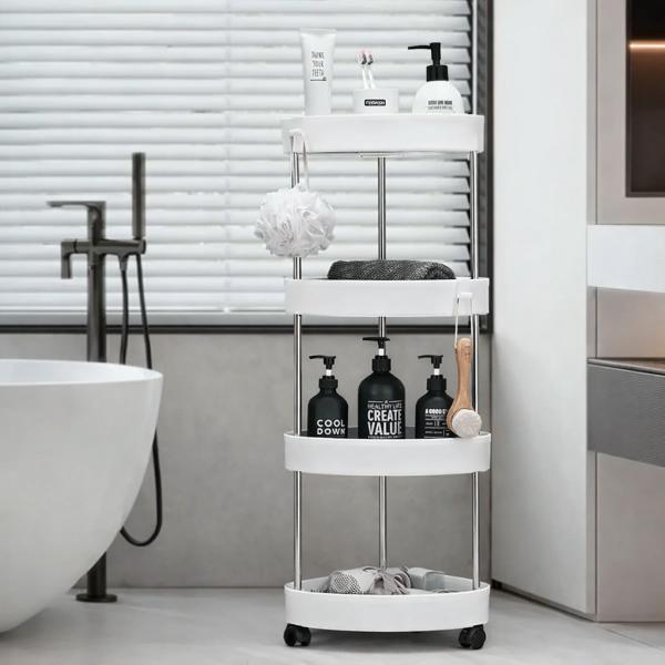 Фото  УЦЕНКА! Угловая полка для ванной на колесах, 4 уровня (85х28х22см), RD-1819, Белая (Повреждение одной полочки 3406)