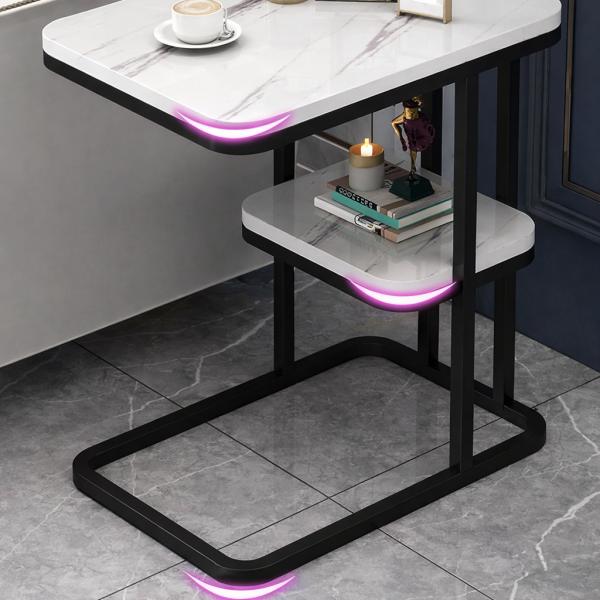 Фото Товары для дома и сада Интерьерный раздраженный столик DASH-5496 с мраморной столешницей, 50×30×58 см, с нижней полкой, черный металлический каркас