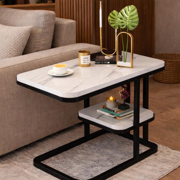 Фото Товары для дома и сада Интерьерный раздраженный столик DASH-5496 с мраморной столешницей, 50×30×58 см, с нижней полкой, черный металлический каркас