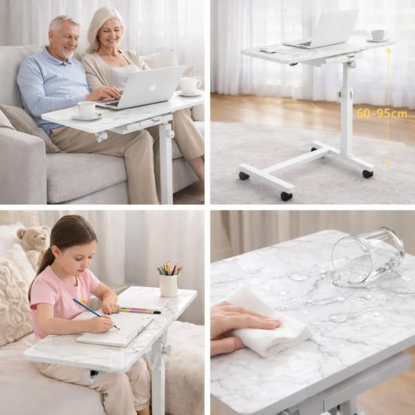 Фото Товары для дома и сада Наддиванный столик для ноутбука DASH-64200 на колесах с боковой полкой, регулируемая высота 60–95 см, столешница 60×40 см, белый