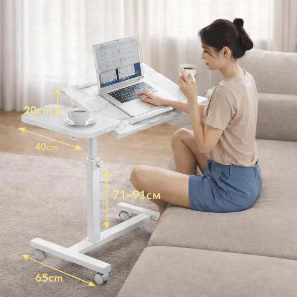 Фото Товары для дома и сада Наддиванный столик для ноутбука DASH-64200 на колесах с боковой полкой, регулируемая высота 60–95 см, столешница 60×40 см, белый